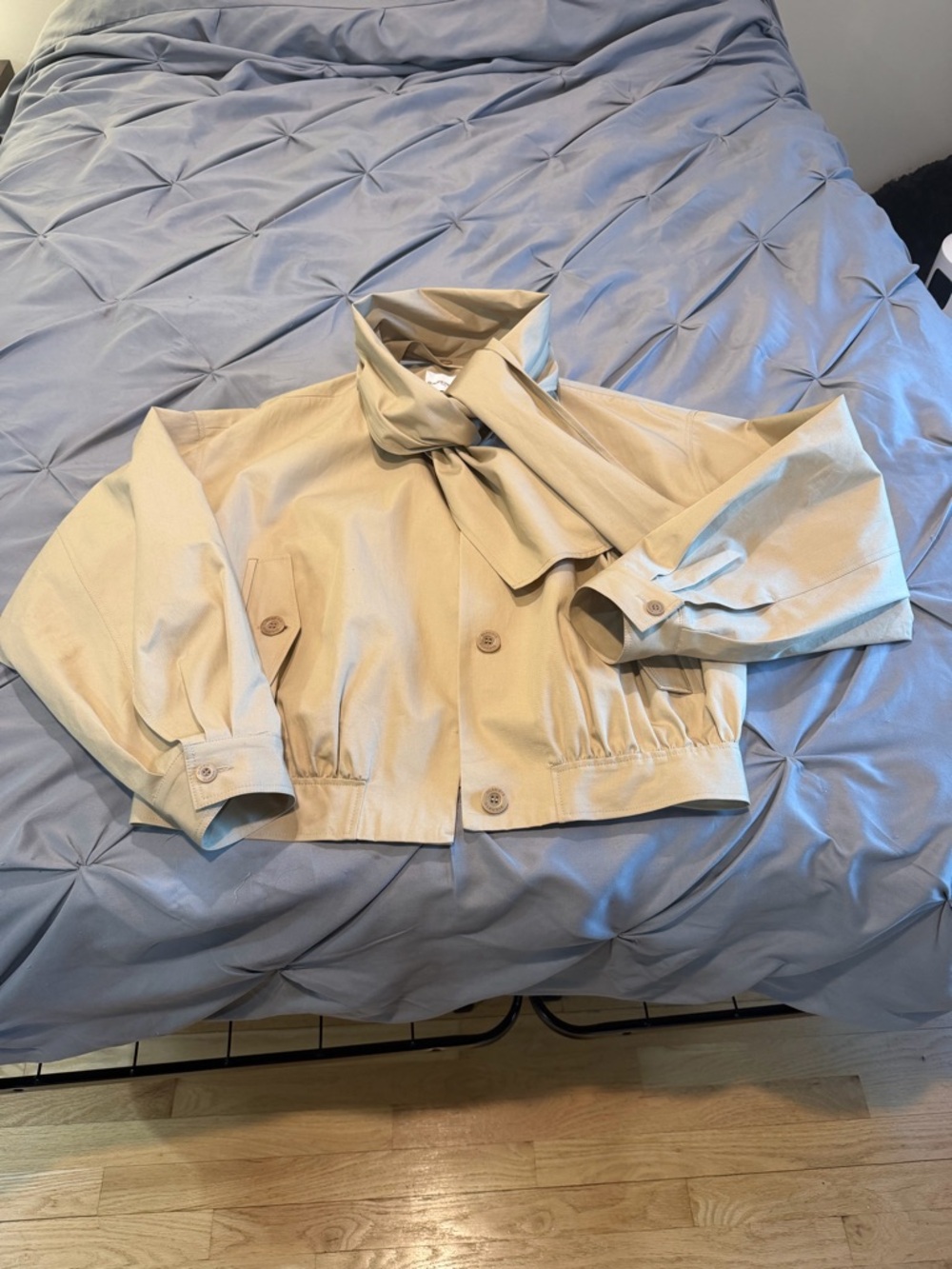 Women's Beige Cropped Jacket with Neck Tie